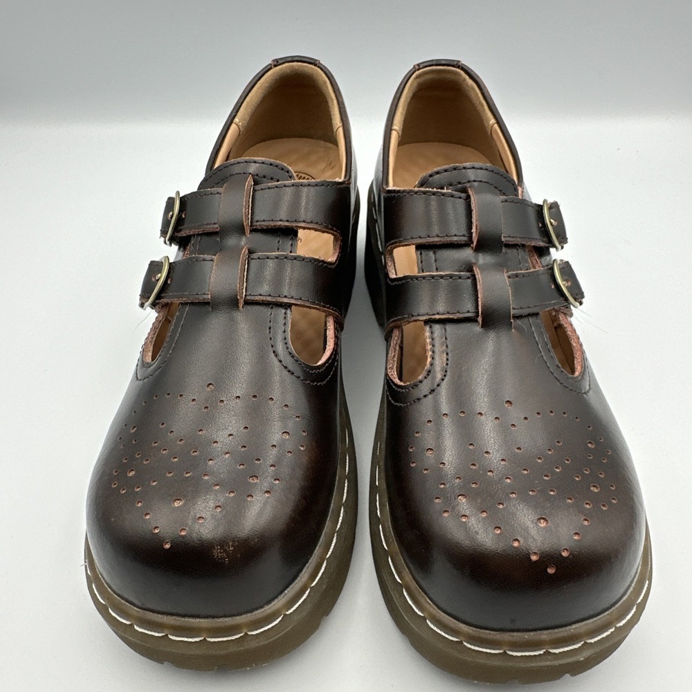 New MZDL Meizudongli Mary Jane Shoes Brown Leather Double Buckle 7.5/240 Chunky - Picture 2 of 13